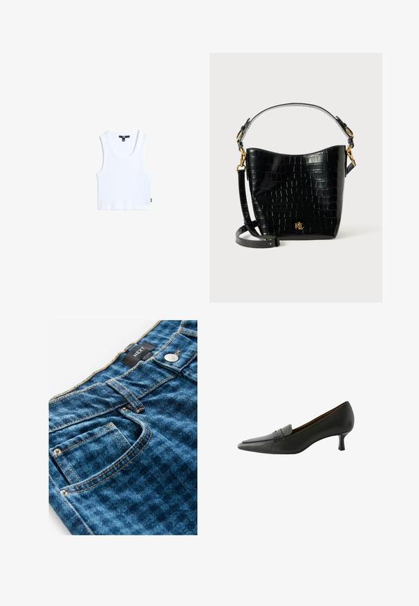 Biały bawełniany top na ramiączkach o prążkowanej strukturze, okrągłym dekolcie i szerokich ramiączkach. Posiada małą metkę marki przy dolnym brzegu.; Niebieskie dżinsy z widocznym przeszyciem i zapięciem na guzik. Posiadają przednią kieszeń, teksturowany materiał oraz metkę na talii.; Czarne skórzane buty na obcasie z wąskim noskiem i dekoracyjnym paskiem. Posiadają niski obcas szpilkowy i gładką fakturę.; Czarna torba ze skóry z tłoczeniem w krokodylą skórę o zaokrąglonym kształcie, z akcentami ze złotego metalu, regulowanym paskiem oraz detalem logo z przodu.