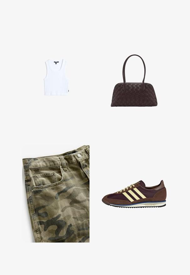 Weißes Baumwoll-Top mit geripptem Muster, rundem Halsausschnitt und breiten Spaghetti-Trägern. Verfügt über ein kleines Markenetikett am Saum.; Next Jeans Shorts - camo print; Braune und burgunderfarbene Sneaker aus Wildleder und Mesh-Materialien, mit drei cremefarbenen Streifen, strukturiertem Stoff an der Zunge und einer Gummisohle.; Geflochtene braune Ledertasche mit runder Form, doppeltem oberen Griff und glatter Textur; verfügt über subtile Nähte als Designdetail.