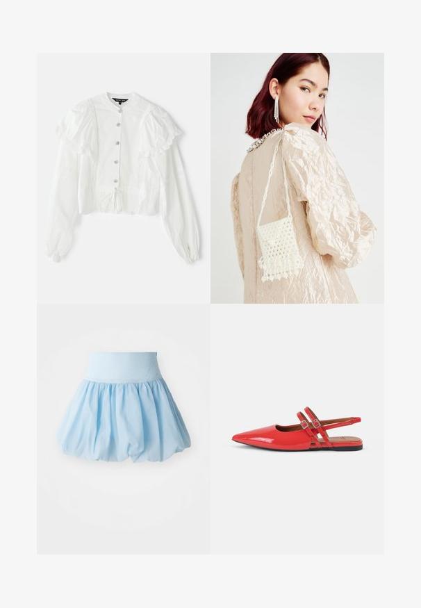 Baltā blūze ar pūkainām piedurknēm, frill apdari un pieciem dekoratīviem pogām. Iezīmēta ar saišu viduklī un vieglu teksturētu audumu.; Gaiši zils, puffed svārks ar plašu elastīgu jostas daļu. Izgatavots no mīksta, viegla auduma ar plūstošu, sakrāto dizainu.; Sarkana lakota āda siksnu kurpes ar smailu purngalu un divām pārklātām siksnām, rotātām ar kvadrātveida metāla sprādzēm. Zema papēža dizains.; Pērļu rokassoma, izgatavota no baltām pērēm, ar strukturētu virsmu un maliņu apakšā, nēsāta ar krunkainu, bēša apģērbu.; Sudraba pilienveida auskari ar vairākiem caurspīdīgiem rhinestones, ar kaskādes dizainu un teksturētām virsmām, uz neitrāla fona.