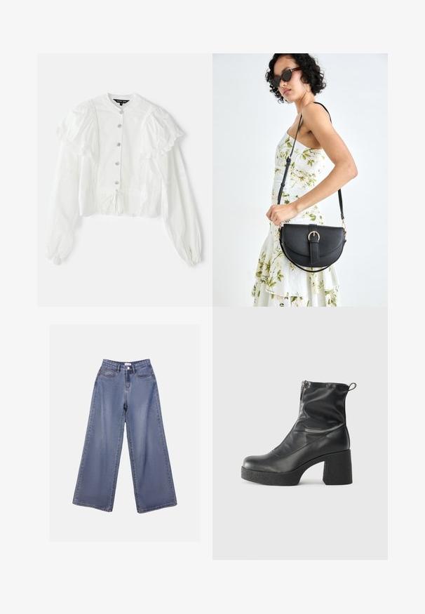 Blusa bianca con maniche a palloncino, decorazioni con volant e cinque bottoni decorativi. Presenta una cintura in vita e un tessuto leggero e testurizzato.; Jeans in denim a gamba ampia di un blu chiaro, caratterizzati da una vita alta, tasche frontali e una chiusura con bottone e passanti per cintura.; Stivali neri alla caviglia in pelle liscia, con zip laterale, tacco spesso e texture, e punta arrotondata.; Borsa a tracolla nera in pelle con una forma curva, manico rimovibile e accessori dorati. La borsa presenta una patta con un dettaglio a fibbia.