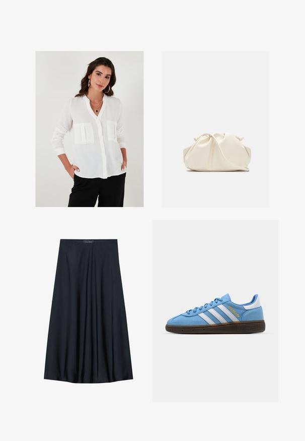 White button-up blouse with a mandarin collar, two front pockets, long sleeves, and a lightweight textured fabric.; Black, knee-length skirt made of lightweight fabric with a flowy design. Features a smooth texture and subtle pleats for added detail.; Light blue suede sneakers with white leather stripes, a brown textured sole, and gold logo detail. Low-top design with rounded toe.; Cream-colored, soft faux leather bag with gathered design, adjustable strap, and subtle drawstring closure. Smooth texture and rounded shape.