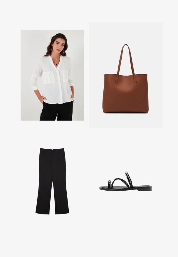 Valkoinen nappikauluspaita mandariinikauluksella, joissa on kaksi etutaskua, pitkät hihat ja kevyt teksturoitu kangas.; Mustat housut suoralinjaisella leikkauksella, joissa on etutaskut ja sivurei'ät helman alla. Valmistettu pehmeästä ja sileästä kankaasta. Sopii eri tilaisuuksiin.; Mustat litteät sandaalit, joissa on kiiltävä pinta, kolme ohutta hihnaa ja pyöreä metalliosuus varpaissa. Tyylikäs muotoilu, jossa on minimaalinen kantapää.; Ruskea nahkainen olkalaukku, jossa on sileä pinta, avoin yläosa ja kaksi olkahihnaa. Omaavat vain minimaalisen ompelun eikä näkyvää metalliosaa.