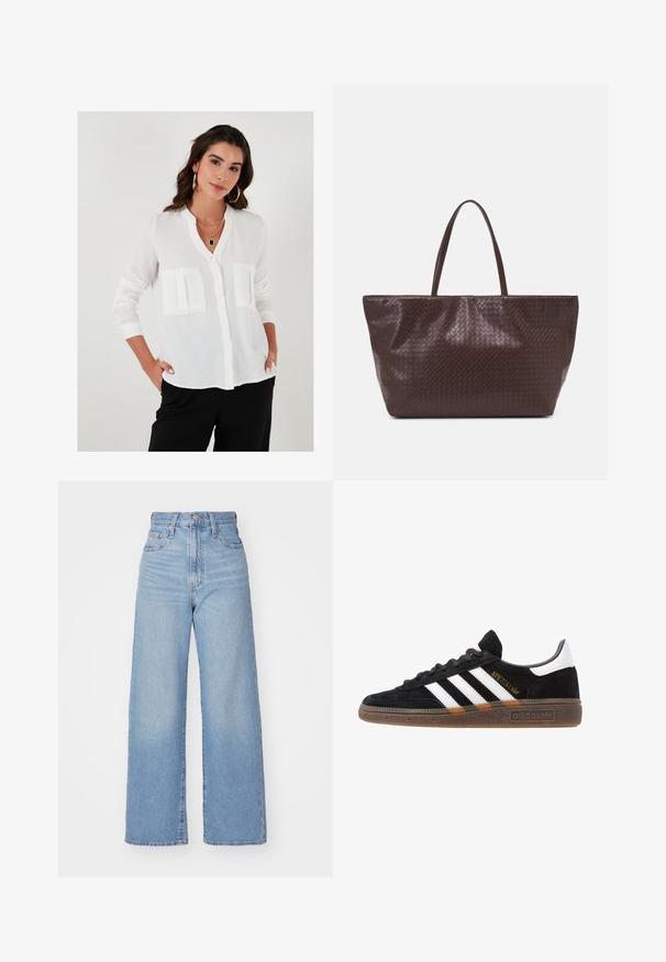 Camicia bianca con colletto alla mandarino, due tasche frontali, maniche lunghe e un tessuto leggero e texturizzato.; Jeans a vita alta blu chiaro con gamba larga, chiusura frontale con bottone e zip, tasche anteriori e posteriori, su uno sfondo bianco.; Sneaker Adidas nere con strisce bianche, testo "Spezial" dorato, suola in gomma e tab sul tallone bianco, mostrato in veduta laterale.; Borsa tote in pelle intrecciata marrone con due manici, dalla forma strutturata e superficie texturizzata, caratterizzata da un motivo a diamante in tutto il suo corpo.