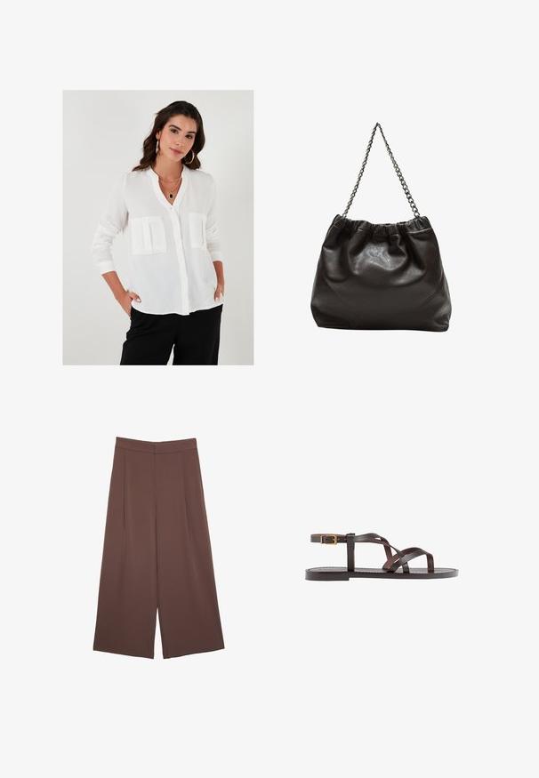 Weiße Bluse mit Stehkragen, zwei vorderen Taschen, langen Ärmeln und einem leichten, strukturierten Stoff.; Braune Weite-Leg-Hosen mit einer glatten Textur, hoher Taille und Vorderfalten. Der Stoff ist leicht und fällt locker.; Braune Leder-Sandale mit überkreuzten Riemen, einem Knöchelriemen mit Schnalle und einer flachen Sohle mit minimalen Nähdetails.; Braune Lederhandtasche mit gerafftem Oberteil und Kettenriemen. Glatte Textur mit glänzendem Finish und subtilen Nahtdetails an den Seiten.