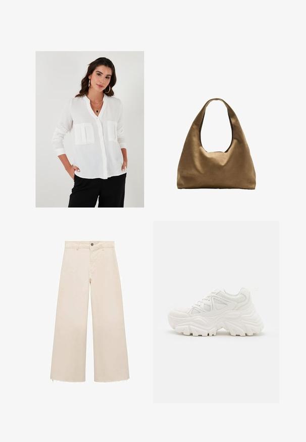 Biely blúzkový vrch s mandarinovým golierom, dvoma prednými vreckami, dlhými rukávmi a ľahkou textúrovanou tkaninou.; Široké nohavice z ľahkej béžovej bavlny, s gombíkovým zapínaním, jemne rozstrapkaným lemom a voľným strihom.; Biele robustné tenisky s textúrovaným zvrškom, sieťovinovými panelmi a hrubými gumovými podrážkami s výrazným vzorom. Šnúrky a pútko na vytiahnutie sú súčasťou.; Hnedá látková taška cez rameno s širokým, zaobleným telom a veľkým vyrezaným uchom. Mäkčená textúra, minimalistický dizajn a bez viditeľného kovania.