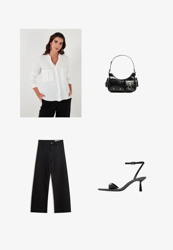 Witte blouse met knopen en een Mandarin-kraag, twee voorzakken, lange mouwen en een lichtgewicht gemêleerde stof.; Zwarte denim broek met wijde pijpen en een hoge taille, voorzien van voor- en achterzakken, gestikte naden en een knoopsluiting. Gladde textuur.; Bershka Sandalen met hoge hak - black; Zwarte laarzen in lakleer met een gebogen vorm, één schouderband, voorvakken en accenten in zilverkleurig metaal.