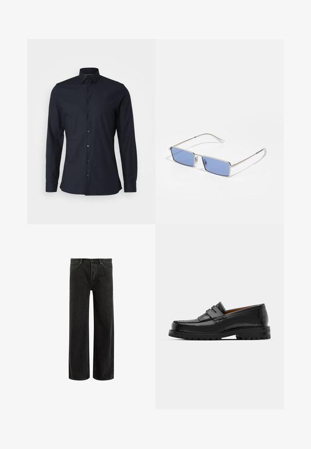 Camicia button-up blu scuro con colletto classico, maniche lunghe e tessuto di cotone liscio. Presenta bottoni abbinati lungo la parte anteriore.; Jeans wide-leg in denim nero con vita alta, caratterizzati da un classico design a cinque tasche e da un leggero sbiadimento per un aspetto testurizzato.; I mocassini in pelle nera presentano una cucitura sollevata, due fasce decorative sulla parte superiore e una suola spessa e texture per una maggiore aderenza.; Occhiali da sole in metallo con forma rettangolare, lenti colorate di blu e montatura argentata. Presentano naselli e gambe sottili e dritte.