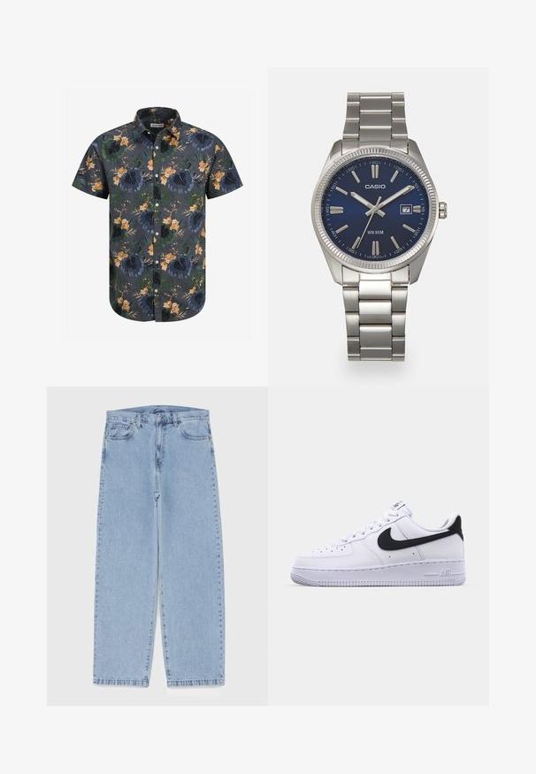 Chemise à manches courtes en tissu gris foncé avec un motif floral tropical dans des tons de vert, d'orange et de jaune. Design à boutons avec col.; Jean en denim bleu clair avec une coupe droite, présentant une taille mi-haute, cinq poches, et une fermeture à bouton et à fermeture éclair.; Sneaker en cuir blanc avec un Swoosh noir texturé, des lacets plats et une semelle en caoutchouc avec un motif strié. "AIR" est embossé sur le talon.; Montre-bracelet en acier inoxydable argenté avec un cadran bleu marine, des index métalliques et un affichage de la date à 3 heures. Résistante à l'eau jusqu'à 50 mètres.