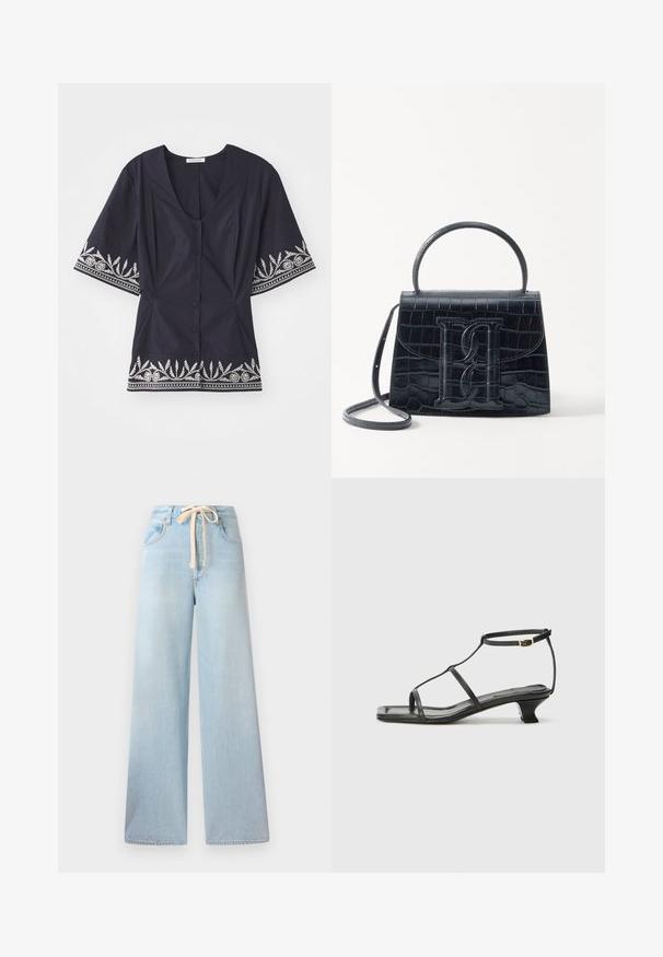 Navy blue blouse with a V-neck, short sleeves, and white floral embroidery along the hem and sleeves. Features button closure.; Light blue wide-leg jeans made from denim, featuring a drawstring waistband and classic five-pocket design with minimal fading.; Black leather sandal with a square toe, thin straps, adjustable ankle strap, and a low heel. Features a small gold accent on the strap.; Black crocodile-embossed leather handbag with a structured design, top handle, adjustable strap, and a prominent front logo detail.
