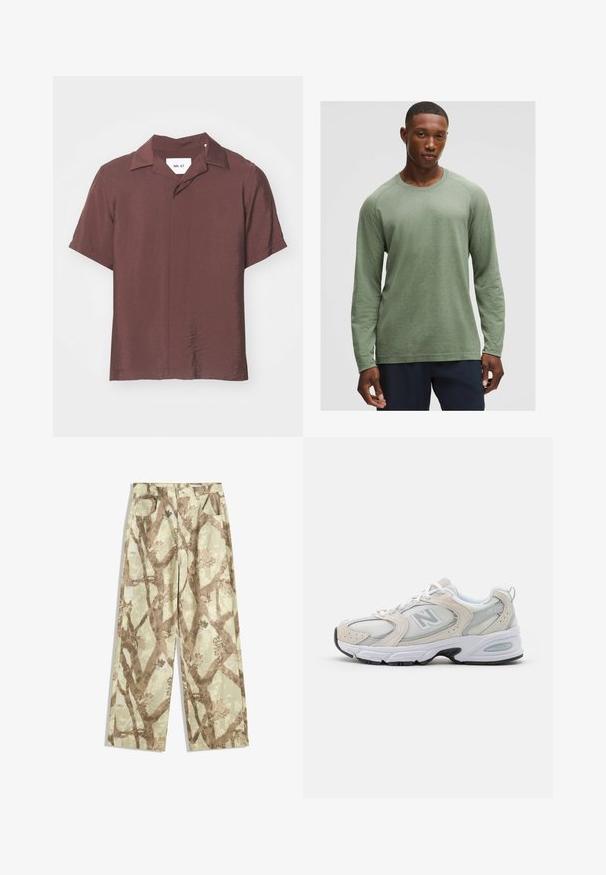 Kortærmet skjorte med krave i en dyb burgunderrød farve. Tekstureret, let stof med en afslappet pasform og en subtil glans. Etiketten er synlig.; Langærmet skjorte i afdæmpet grøn med et struktureret mønster, rund halsudskæring og raglanærmer, lavet af blødt, letvægtsstof.; Bukser lavet af letvægtsstof i en lys grøn nuance, prydet med et brunt grene mønster, bred ben design, og to frontlommer.; Sportssko med en lys grå mesh-overdel og ruskindsdetaljer, hvide snørebånd og en sort gummisål. Bemærkelsesværdig ABZORB dæmpning.