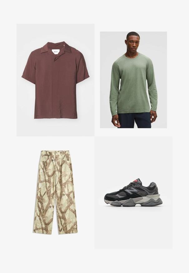 Chemise à manches courtes, col classique, d'une couleur bordeaux profonde. Tissu texturé et léger avec une coupe décontractée et un léger brillant. Étiquette visible.; Chemise à manches longues en vert muted avec un motif texturé, décolleté rond et manches raglan, fabriquée en tissu doux et léger.; Pantalons en tissu léger de teinte verte claire, ornés d'un motif de branches d'arbre marron, avec une coupe évasée et deux poches avant.; Baskets noires et grises avec un mélange de matériaux en daim et en maille, semelle épaisse, logo proéminent et accent rouge sur la languette.