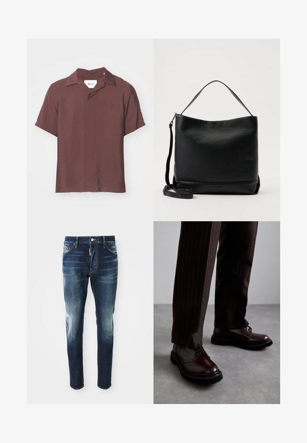 Camisa de manga corta con cuello en un profundo color burdeos. Tejido ligero y texturizado con un corte relajado y un brillo sutil. Etiqueta visible.; Camiseta sin mangas de algodón blanca con escote redondo, que presenta una textura suave y una forma ajustada, diseñada para el uso casual.; Jeans de mezclilla azul oscuro con un corte ajustado, que presentan áreas desgastadas en los muslos y las rodillas, cinco bolsillos y un cierre de botón de metal.; Zapatos de cuero marrón con cordones y un acabado brillante, suela de goma negra y costuras sutiles. Llevados con pantalones marrón de rayas.; Bolso de hombro de cuero negro con un acabado texturizado, una parte superior curva y una correa desmontable. Presenta un diseño sencillo con un hardware mínimo.