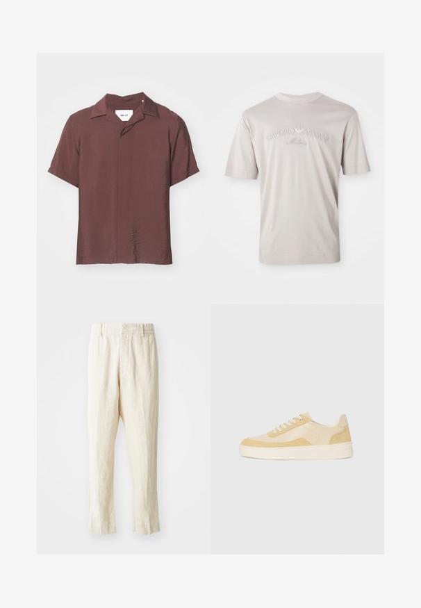 Kurzärmliges, kragenloses Hemd in einem tiefen Burgunderrot. Strukturierter, leichter Stoff mit lockerer Passform und subtilem Glanz. Etikett sichtbar.; Helles beige T-Shirt mit kurzen Ärmeln aus weichem Stoff, mit besticktem Logo "Emporio Armani Milano" in einem etwas dunkleren Farbton.; Beige Leinenhosen mit lockerer Passform, schmal zulaufenden Beinen und flachem Bund. Verfügt über einen elastischen Taillenbund für Komfort und minimale Nahtdetails.; Sneaker aus hellgelbem Wildleder und Leder, mit gepolsteter Sohle und gestalteten Akzenten. Klassisches Schnürdesign mit runder Zehenform.