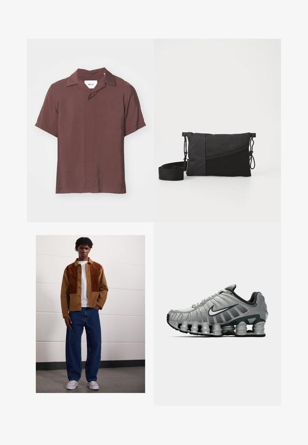 Kurzärmliges, kragenloses Hemd in einem tiefen Burgunderrot. Strukturierter, leichter Stoff mit lockerer Passform und subtilem Glanz. Etikett sichtbar.; Mann steht drinnen und trägt eine braune Cordjacke mit Rostflecken, ein weißes T-Shirt, lockere blaue Jeans und weiße Sneakers.; Grauer und schwarzer Nike-Laufschuh mit sichtbarer federähnlicher Dämpfung unter der Sohle und einem weißen Swoosh-Logo an der Seite.; Schwarze Schultertasche aus strukturiertem Stoff, mit diagonaler Gestaltung, verstellbarem Riemen und Kordelzugverschluss an den Seiten.