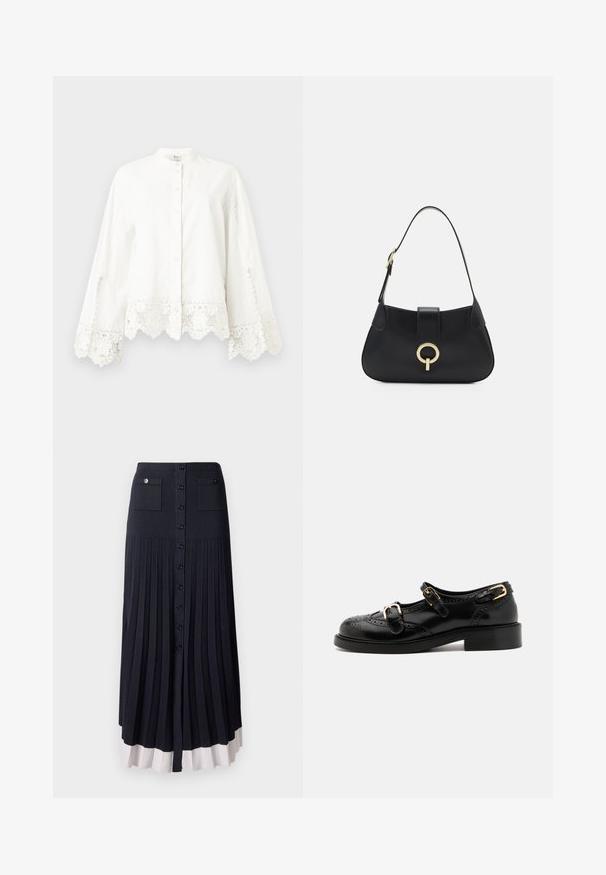 Bijela košulja dugih rukava s gumbima, ukrašena čipkastim detaljima na manžetama i donjem rubu, sa mandarinskim izrezom i suptilnim dekorativnim šavovima.; Plisirana maksi suknja u tamnoplavoj boji s kopčanjem na dugmadi. Ima dva prednja džepa i svijetlu obrub. Izrađena je od mekog, teksturiranog materijala.; Crne kožne cipele s brogue detaljima, koje imaju dva remena sa kopčama, okrugli vrh i niski potplat. Glatka tekstura s sjajnim završetkom.; Crna kožna torba s zakrivljenim siluetom, kratkom trakom, središnjim zlatnim hardverom i glatkom teksturom. Nema vidljivih uzoraka ili akcenata.