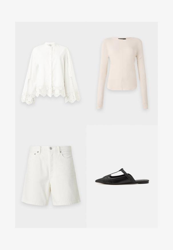 White long-sleeve button-up shirt with lace trim on cuffs and hem, featuring a mandarin collar and subtle decorative stitching.; Long-sleeve, light beige top with a round neckline. Made of soft fabric, features a central seam and slightly curved hem. No visible hardware.; White denim shorts with a straight cut, five-pocket design, front button closure, silver hardware, and stitched detailing.; Black leather slingback shoe with a pointed toe, featuring a woven accent and pleated upper design. Flat sole with minimal hardware.