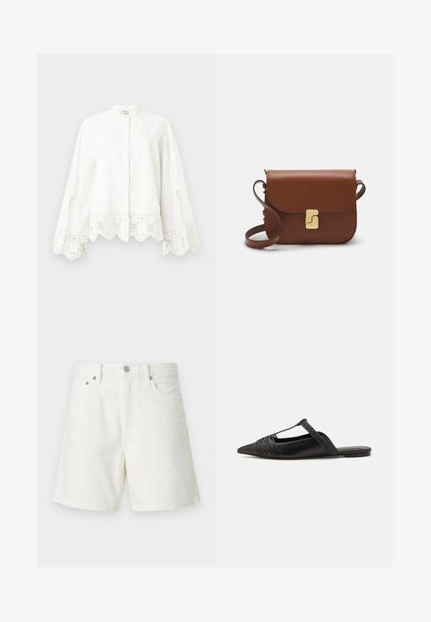White long-sleeve button-up shirt with lace trim on cuffs and hem, featuring a mandarin collar and subtle decorative stitching.; White denim shorts with a straight cut, five-pocket design, front button closure, silver hardware, and stitched detailing.; Black leather slingback shoe with a pointed toe, featuring a woven accent and pleated upper design. Flat sole with minimal hardware.; Brown leather handbag with a flap closure, gold-tone hardware, a shoulder strap, and a smooth texture. Compact rectangular shape.