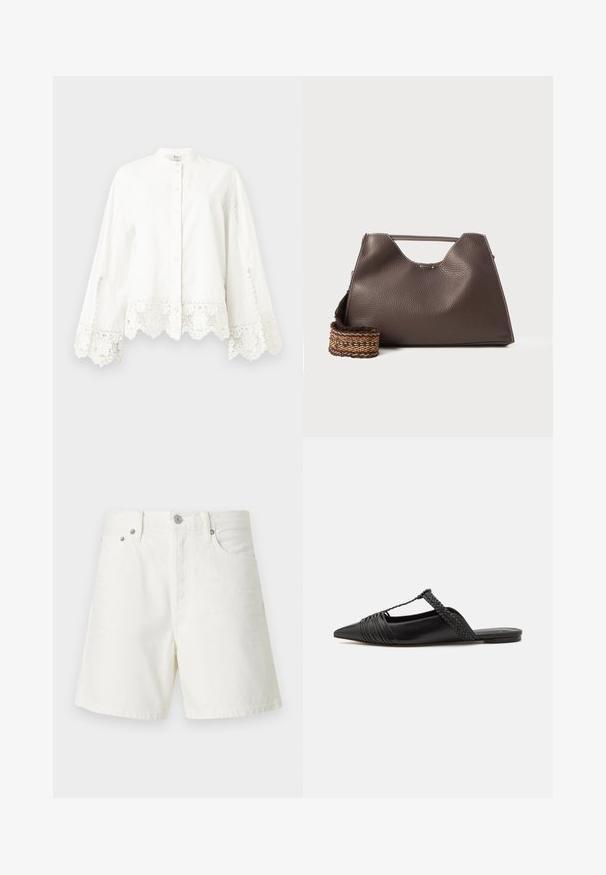 White long-sleeve button-up shirt with lace trim on cuffs and hem, featuring a mandarin collar and subtle decorative stitching.; White denim shorts with a straight cut, five-pocket design, front button closure, silver hardware, and stitched detailing.; Black leather slingback shoe with a pointed toe, featuring a woven accent and pleated upper design. Flat sole with minimal hardware.; Brown leather handbag with a textured finish, angular design, and a distinctive top handle. Features a patterned woven strap detail.