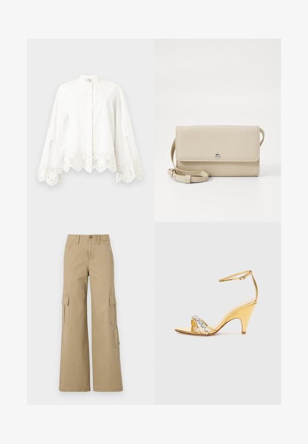 White long-sleeve button-up shirt with lace trim on cuffs and hem, featuring a mandarin collar and subtle decorative stitching.; Beige cargo pants with wide legs, featuring two side flap pockets, a button closure, and a smooth cotton fabric.; Gold heeled sandal with a strappy design, featuring a rhinestone-accented band. Open toe, adjustable ankle strap, and a tapered heel.; Beige leather shoulder bag with a flap closure, silver hardware, and a detachable strap. Smooth texture and simple rectangular shape.