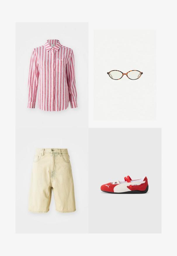 Red and white striped button-up shirt, made of lightweight fabric, featuring a collar, long sleeves, and a small chest pocket.; Light yellow denim shorts with a high waist, featuring belt loops, a front button closure, and side pockets. Smooth texture and straight cut.; Red and white suede shoes with a low profile, featuring elastic straps and a textured black rubber sole. Puma logo on the side.; Tortoiseshell eyeglasses with oval lenses and a sleek, smooth finish. Features thin sides with a subtle curve at the temples. Clear lenses.; Blue and white striped knitted bag with a spacious design, featuring a wide handle and a textured, open weave. Includes a brand label.