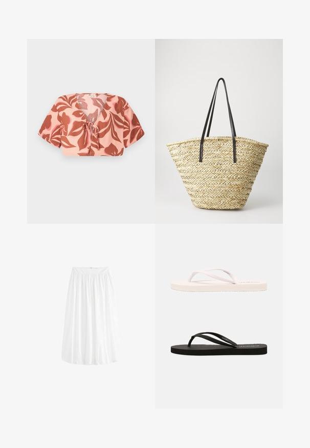 Top accorciato in tessuto rosa pastello con motivo floreale in ruggine e rosa chiaro, legato frontalmente, con maniche corte e scollatura a V.; Gonna bianca lungo fino al ginocchio realizzata in tessuto leggero. Presenta un elastico in vita per una vestibilità regolabile e una morbida caduta.; Infradito in gomma bianchi e neri con suole testurizzate, fasce sottili e colori a contrasto. Ogni paio presenta un design semplice e un branding minimale.; Borsa a tracolla in paglia intrecciata con una forma ampia e affusolata, dotata di due manici in pelle nera. Colore beige naturale con una superficie texture.