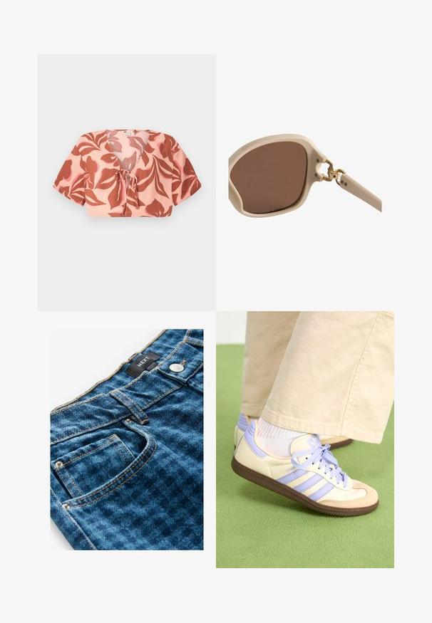 Bauchfreies Oberteil aus pastellpinkem Stoff mit einem floralem Muster in Rost- und zartrosa Tönen, vorne gebunden, mit kurzen Ärmeln und V-Ausschnitt.; Blaue Jeans aus Denim mit sichtbaren Nähten und einem Knopfverschluss. Verfügt über eine Vordertasche, strukturierten Stoff und ein Etikett am Bund.; Cremefarbene und lavendelfarbene Sneakers mit drei Streifen und einer strukturierten braunen Sohle, ausgestattet mit Schnürsenkeln und einer gepolsterten Ferse. Obermaterial aus weichem Stoff.; Helle beige Sonnenbrille mit braunen Gläsern, gerundetem quadratischen Rahmen, goldenen Akzenten an den Scharnieren und leicht strukturierten Bügeln.