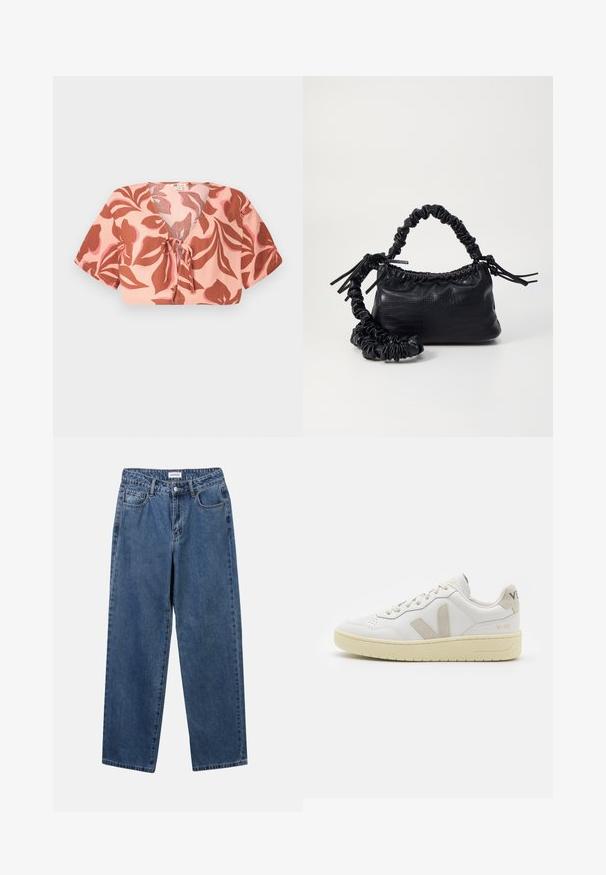 Top cortado em tecido rosa pastel com um padrão floral em ferrugem e rosa suave, amarrado à frente, com mangas curtas e decote em V.; Jeans de denim azul clássicos com um design de perna reta, cinco bolsos e fecho de botão. Apresenta um tratamento médio e uma textura resistente.; Sapatilha de couro branca com detalhes em camurça bege, biqueira perfurada, atacadores planos e sola texturizada creme. Apresenta uma marcação subtil no calcanhar.; Bolsa de mão em couro sintético preto com textura de crocodilo, topo franzido e alça enrugada. Apresenta um design suave e compacto.