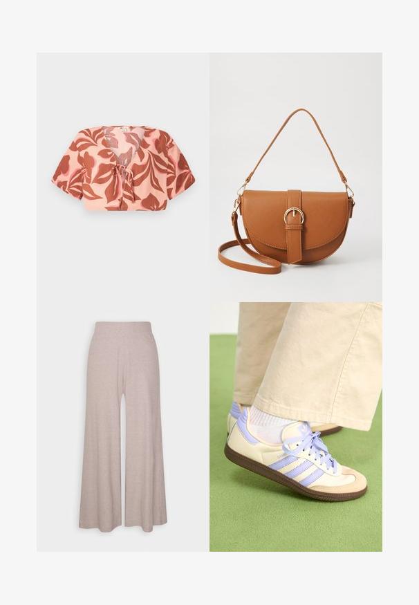 Afskåret top i pastelpink stof med et blomstermønster i rust og blød pink, bundet foran, med korte ærmer og V-udskæring.; Lys grå bredbenede bukser lavet af blødt ribbet stof, med høj talje og fuldlængde ben med subtil tekstur.; Creme og lavendel sneakers med tre striber og en tekstureret brun sål, der har snørebånd og en polstret hæl. Blødt stof øvre.; Brun læder crossbody taske med en buet form, guldfarvet hardware og en spændeaccent. Har en aftagelig skulderrem.