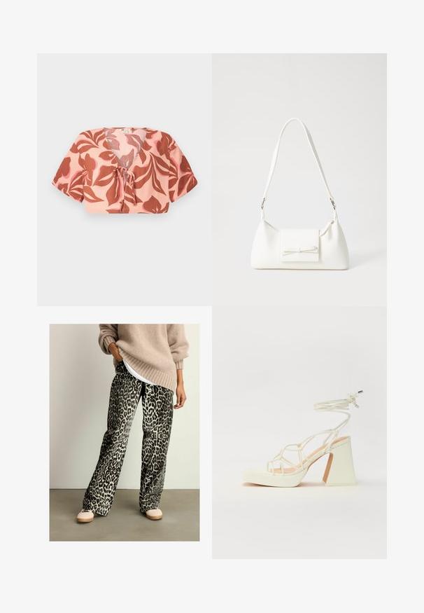 Pusiau trumpas palaidinė iš pastelinių rožinių audinių, kuriame yra rožinės ir rudos gėlės, surišta priekyje, su trumpomis rankovėmis ir V formos kaklu.; Leopardų rašto plačios kojos kelnės, pagamintos iš minkštos medžiagos, su elastine juosta ir juodos bei smėlio spalvos schema. Derinamos su smėlio spalvos megztiniu.; Balti aukštakulniai sandalai su masyviu kulnu, su dirželių dizainu ir kulkšnies raiščiu. Lygi tekstūra su platforma priekyje, suteikianti papildomą aukštį.; Balta sintetinė rankinė trikampio formos, plokščiu priekiu su užsegimu, kaspino detale, reguliuojama dirželiu, lygia tekstūra ir minimalistišku dizainu.