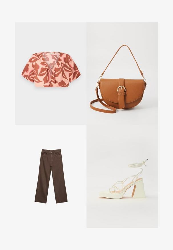 Kort topp i pastellrosa tyg med blommönster i rostfärg och mjukt rosa, knuten framtill, med korta ärmar och V-ringning.; Breda bruna jeans i denim med hög midja, framfickor och klassisk knäppning. Slät textur med subtil sömnad.; Vit högklackad sandal med en kraftig klack, med ett remdesign och ankelband. Slät textur med en plattform framtill för ökad höjd.; Brun läder crossbody-väska med en böjd form, gyllene detaljer och en spänneaccent. Har en avtagbar axelrem.