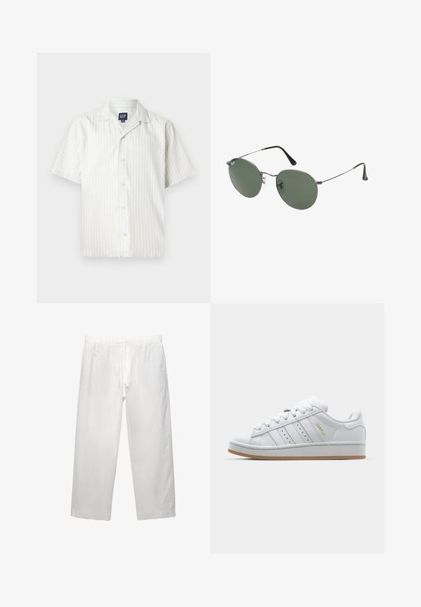 Srajca s kratkimi rokavi z gumbki v svetlo modri in beli navpični črti, izdelana iz bombažne tkanine, z nazobčanim ovratnikom in gumbi spredaj.; Bela bombažna majica s kratkimi rokavi, okroglo izrezana in udobnega kroja. Gladka tekstura brez vidnih vzorcev ali dekoracij.; Bela lanena hlača z elastičnim pasom in vrvico, širokega kroja in čistimi šivi. Gladka tekstura s sproščenim krojem.; Bela teniska z perforirano trojno črto, teksturiranimi detajli, gumijastim podplatom in zlatim logotipom "CAMPUS" na strani.; Sončna očala z ovalnimi zelenimi lečami v kovinskem okvirju. Tanjši srebrni kovinski okvir in črne ušesne konice. Minimalistična zasnova, brez vidnih logotipov.