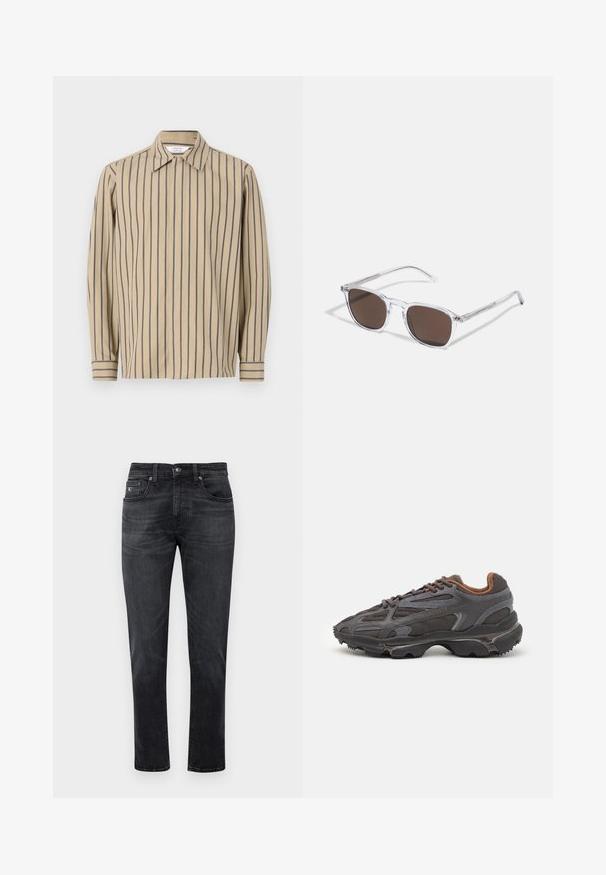 Beige long-sleeve shirt featuring navy vertical stripes, a pointed collar, and buttoned cuffs, crafted from a smooth cotton blend fabric.; Black denim jeans with a straight-leg cut, featuring five-pocket design and a zip fly. Subtle fade and stitching details on pockets.; Lacoste sneakers in dark gray with mesh and synthetic material, featuring a textured sole and brown accents on the collar and branding.; Clear plastic sunglasses with rectangular brown lenses, featuring thin, transparent arms and metal accents on the temples.