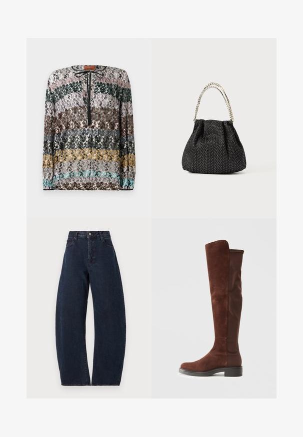 Long-sleeve sweater with horizontal zigzag stripes in black, pink, green, brown, gray, yellow, and turquoise, featuring a black tie neckline.; High-waisted, wide-leg jeans in dark blue denim. Features a button closure, five pockets, and subtle texture. No visible patterns or accents.; Tall brown suede and fabric boot with low black heel and rounded toe, shown in side view on plain white background.; Black textured handbag with a herringbone pattern, gathered design, and a metallic chain handle. Soft fabric offers a sleek appearance.