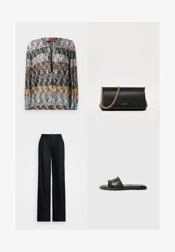 Long-sleeve sweater with horizontal zigzag stripes in black, pink, green, brown, gray, yellow, and turquoise, featuring a black tie neckline.; Black wide-leg trousers featuring a smooth finish, flat front, belt loops, and a single button closure at the waist.; Black leather sandal with a woven strap detail, flat sole, and a sleek design. Smooth texture and minimalistic profile.; Black leather clutch bag with a gold chain strap, featuring a smooth texture, rectangular shape, and embossed branding on the front.