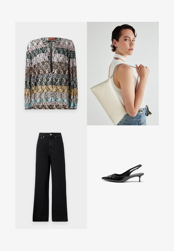 Sveter s dlhým rukávom s horizontálnymi cik-cak prúžkami v čiernej, ružovej, zelenej, hnedej, sivej, žltej a tyrkysovej farbe, s čiernym viazaním pri krku.; Vysoko páskové čierne džínsy s mäkkým strihom, obsahujúce päť vreciek a akcenty zo striebornej farby. Hladká textúra po celej ploche.; Čierne kožené slingback podpätky s ostrou špičkou, malým podpatkom a dekoratívnym uzlom vpredu. Hladký povrch po celom obvode.; Biely obdĺžnikový kabelka z lesklého materiálu s strieborným reťazovým popruhom. Model predvádza kabelku na jednotnom pozadí.