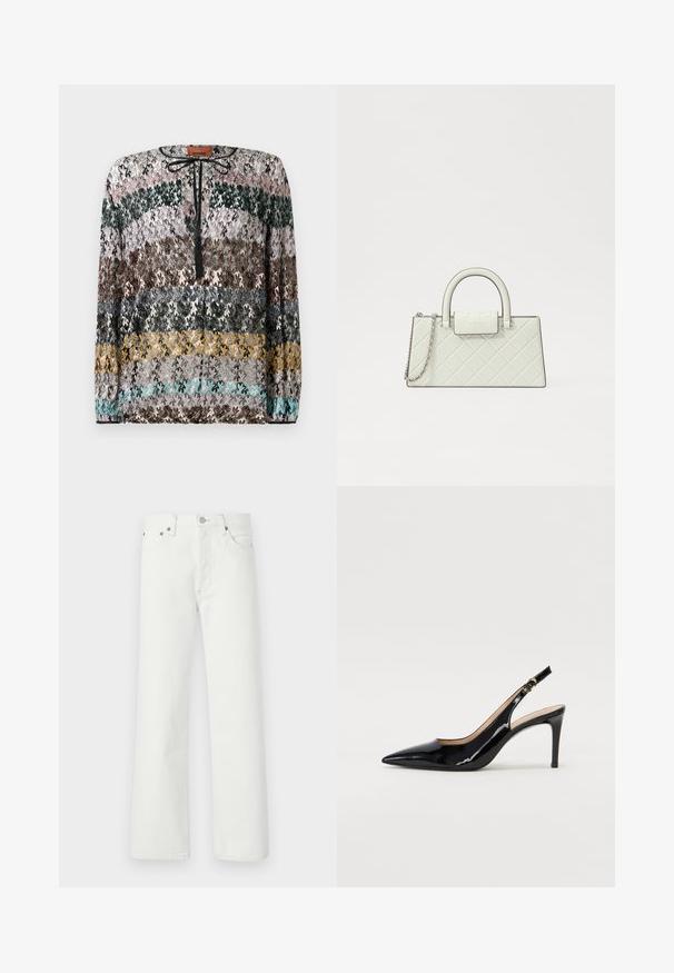 Langærmet sweater med vandrette zigzag-striber i sort, pink, grøn, brun, grå, gul og turkis, med en sort slips-nakke.; Hvide denim jeans med lige ben, fem-lomme design og metalhardware detaljer på taljebåndet og lommerne.; Sort patenteret læder slingback stiletto med spids tå, slank hæl og et subtilt udskæringsdesign. Har en gylden spænde på remmen.; Quiltet hvid håndtaske med et struktureret design, top håndtag, aftagelig kædetræksrem og et hævet logo på låsen.