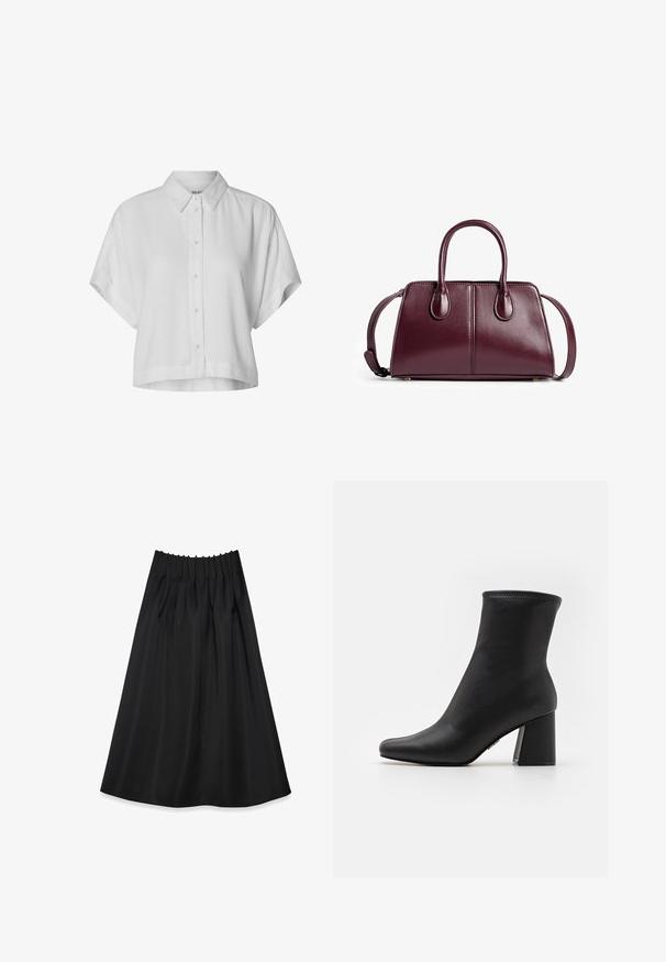 Camicia bianca corta a maniche corte realizzata in tessuto leggero. Presenta un colletto classico e una chiusura frontale con bottoni, con una vestibilità rilassata.; Gonna nera realizzata in tessuto liscio con vita elastica e pieghe, caratterizzata da un design fluido che arriva fino a metà polpaccio.; Stivale alla caviglia nero in pelle liscia con punta affilata e tacco spesso e rettangolare. Presenta un bordo superiore cucito per un tocco di dettaglio in più.; Borsa bordeaux realizzata in pelle liscia, dotata di due manici arrotondati, una tracolla e dettagli cuciti minimalisti.; Collana multi-strato con perle bianche cremose di diverse dimensioni, fissata con un semplice gancio argentato e accenti.