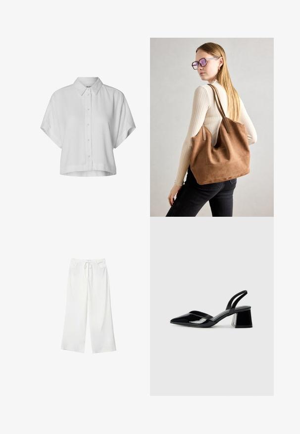 Korte mouwen, cropped wit shirt van lichtgewicht stof. Beschikt over een klassieke kraag en een knoopsluiting aan de voorkant met een relaxte pasvorm.; Witte wijde broek van zacht materiaal, met een koordsluiting in de taille en twee steekzakken. Soepele textuur en geen zichtbare patronen.; Zwarte gepatineerde leren slingback hakken met een spitse neus en een geometrische blokhak. Kenmerkt zich door een slank, minimalistisch ontwerp en een gladde textuur.; Bruine suède totebag met zachte textuur, grote opening en lange hengsels. Het heeft een eenvoudig ontwerp met zichtbare stiksels en geen hardware.