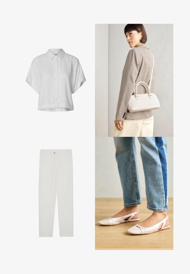 Kortärmad, kort vit skjorta i lätt tyg. Har en klassisk krage och knappstängning med en avslappnad passform.; Vita, skräddarsydda byxor med rak benform, med knappstängning, bältesslingor och sidofickor; mjuk tygtextur.; Ljust rosa slingback-lägenheter med spetsig tå, tillverkade av ett slätt läderliknande material. Har utskurna detaljer på sidorna och en platt häl.; Vitt strukturerat handväska med korta handtag och en axelrem, med gyllene detaljer och texturerat material, visad mot en grå bakgrund.