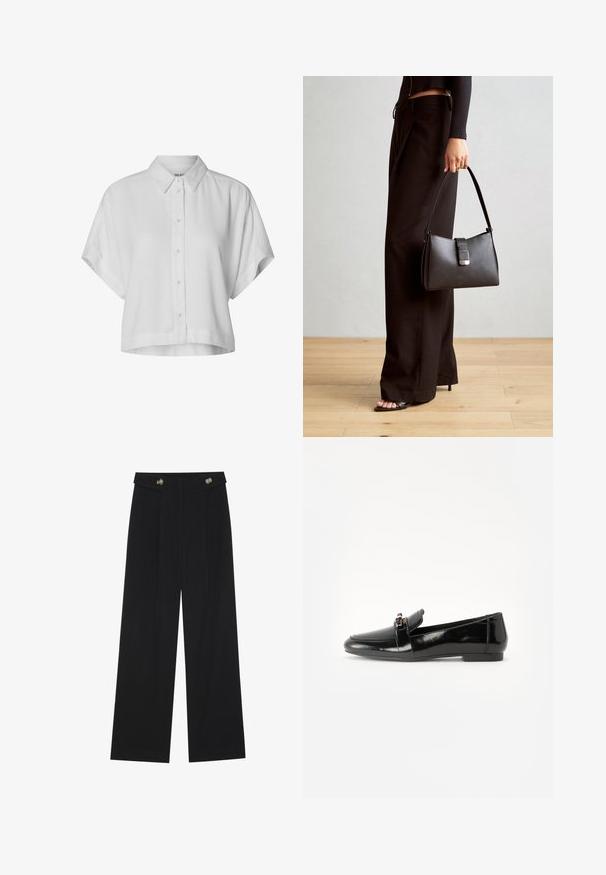 Kratka majica s kratkimi rokavi, prerezana in bela, izdelana iz lahkega materiala. Ima klasičen ovratnik in sprednje gumbe ter sproščen kroj.; Črne široke hlače s visokim pasom, gumbnimi detajli na pasu in sprednjimi gubami.; Črne lakirane usnjene loaferske čevlje s ravnim podplatom, zaobljenim nosom in dekorativnim pasom z zlatim naglasom. Gladek, sijoč poljšček.; Črna torbica z strukturirano obliko, gladko teksturo in kovinskim zaponko. Ujemajo se z širokimi črnimi hlačami in odprtimi sandali na lesenem tleh.