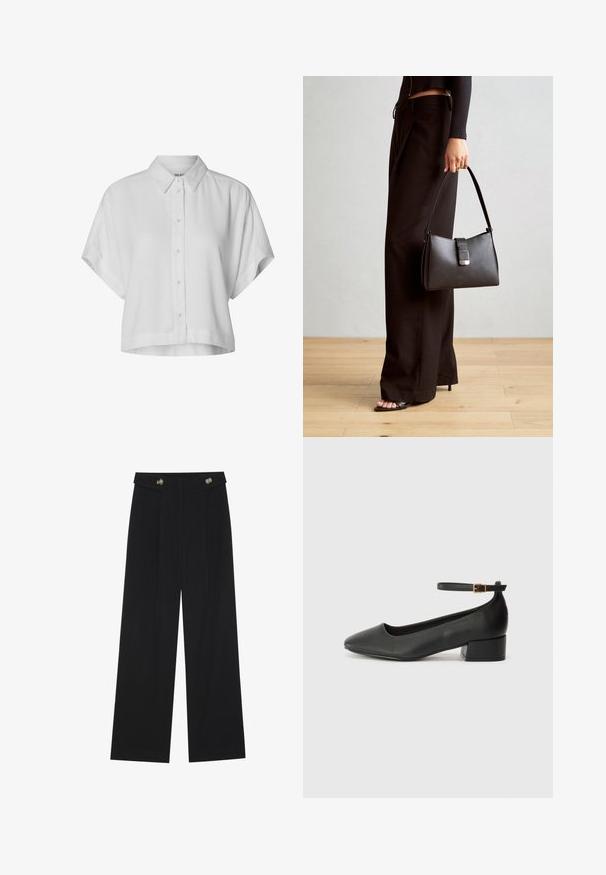 Krótki rękaw, skrócona biała koszula wykonana z lekkiego materiału. Posiada klasyczny kołnierzyk oraz zapięcie na guziki, a także luźny krój.; Czarne szerokie spodnie z wysokim stanem, z detalami w postaci guzików na pasku oraz plisami z przodu.; Czarne skórzane szpilki z ostrym noskiem i niskim słupkowym obcasem. Wyposażone w pasek na kostkę z złotym zapięciem. Gładka tekstura.; Czarna torebka o usztywnionym kształcie, gładkiej fakturze i metalowym zapięciem. Połączona z szerokimi czarnymi spodniami i sandałami na otwartym palcu na drewnianej podłodze.
