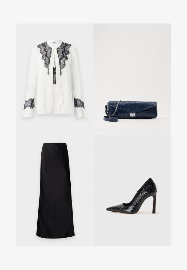 Fehér blúz fekete csipke díszítéssel a galléron és az ujjakon, nyakban megkötővel és fodros mandzsettákkal.; Norma Kamali BIAS OBIE SKIRT - Maxi szoknya - black; Fekete hegyes orrú magassarkú cipő krokodilbőr textúrával, letisztult dizájnnal, magas tűsarkú és sima fekete belső résszel.; Sötétkék bőr retikül krokodilbőr textúrával, ezüst lánc pánttal és fém csattal. Téglalap alakú, felhajtható kialakítással.