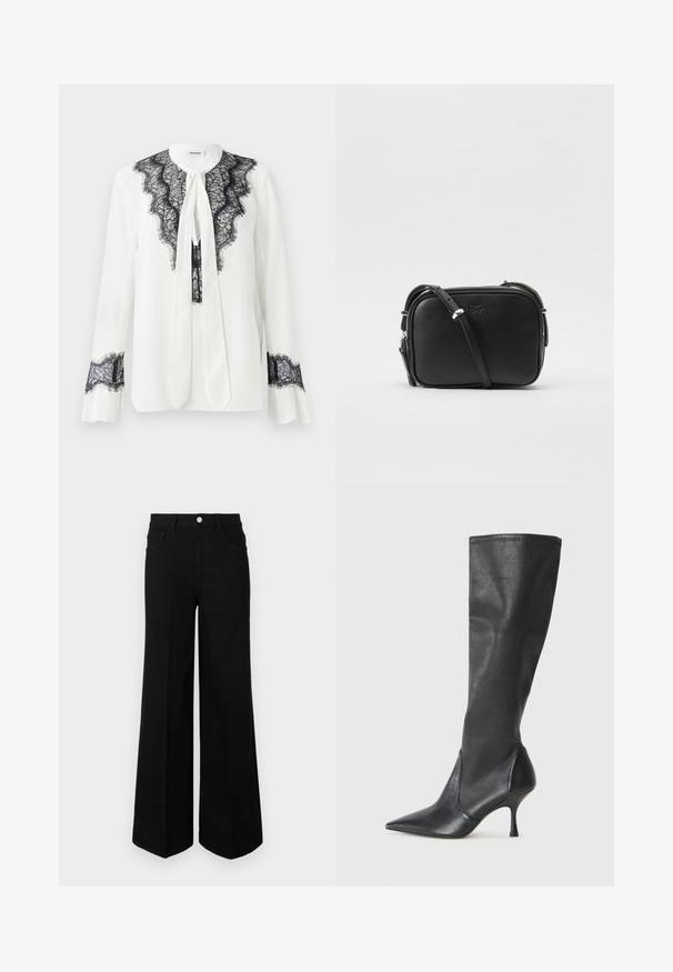 Blusa bianca con dettagli in pizzo nero lungo il colletto e le maniche, con un fiocco al collo e polsini arricciati.; Jeans neri a gamba larga realizzati in tessuto resistente, con vita alta, tasche frontali e chiusura con bottone anteriore. Orlo piatto sul fondo.; Stivali neri in pelle al ginocchio con punta affusolata e tacco a stiletto sottile. Texture liscia con design aderente e cuciture lungo il bordo superiore.; Borsa a tracolla in pelle nera con design rettangolare, dettagli in metallo argentato, tracolla regolabile e discreto logo in rilievo.