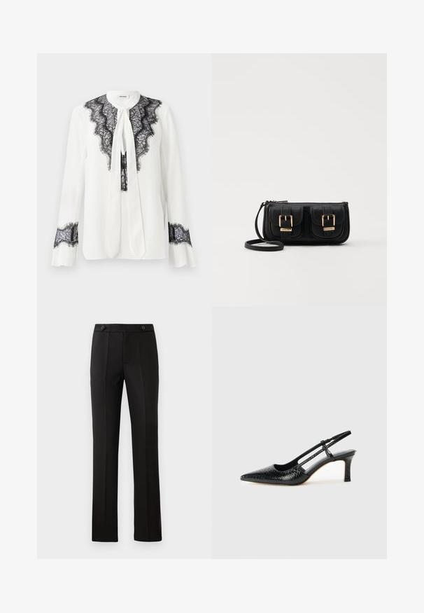 White blouse featuring black lace detailing along the collar and sleeves, with a tie at the neckline and ruffled cuffs.; Black tailored trousers with a straight leg, two front pockets, a button closure, and pleat detailing on the front. Smooth fabric texture.; Black patent slingback heel with a pointed toe, featuring textured snake print, adjustable strap, and a short, textured block heel.; Black leather crossbody bag with two front pockets, gold buckles, zipper closure, and a slim strap. Textured surface and compact rectangular shape.