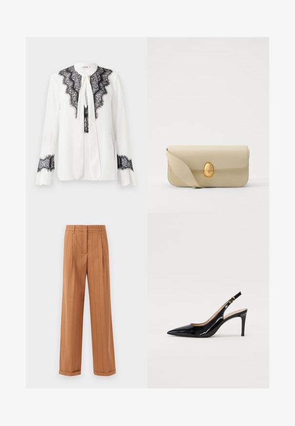 Witte blouse met zwarte kant details langs de kraag en mouwen, met een strik bij de halslijn en gerimpelde manchetten.; Bruine broek met streepdessin, uitgevoerd in een taillerende ontwerp met plooien, een rechte snit en een omgeslagen zoom. Gemaakt van een gladde stof.; Zwarte gepatineerde leren slingback pump met een puntige neus, slanke hak en een subtiel uitgesneden ontwerp. Bevat een gouden gesp op de band.; Beige leren handtas met een gladde textuur, rechthoekige vorm en een gouden ovale sluiting. Beschikt over een lange, verstelbare schouderband.