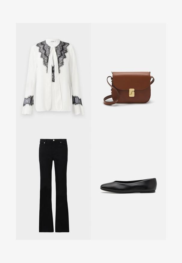 White blouse featuring black lace detailing along the collar and sleeves, with a tie at the neckline and ruffled cuffs.; Black flared jeans made of denim, featuring two front pockets, a button closure, and a smooth texture. Signature stitching visible at seams.; Paul Smith TOPANGA - Ballet pumps - black; Brown leather handbag with a flap closure, gold-tone hardware, a shoulder strap, and a smooth texture. Compact rectangular shape.
