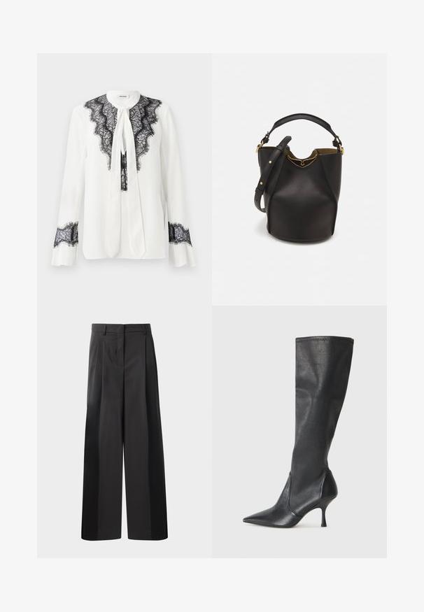 Valge pluus, millel on musta pitsist detailid kaeluse ja varruka juures, kaeluses lips ning volangiga randmed.; Mustad laiad püksid kõrge vöökohaga, millel on ees voldid, sile tekstuur ja õmmeldud viimistlus. Kujundatud lõdva istuvuse saavutamiseks.; Knee-high mustad nahksaapad terava nina ja kitsaste stiilsete kontsadega. Sile tekstuur sobiva disainiga ja õmblused ülemisel serval.; Mustast nahkämbriga kott tekstuurses viimistluses, kuldsete metalldetailide aktsentidega ja avatud ülaosaga. Omab lühikest käepidet ja reguleeritavat õlavarre rihma.