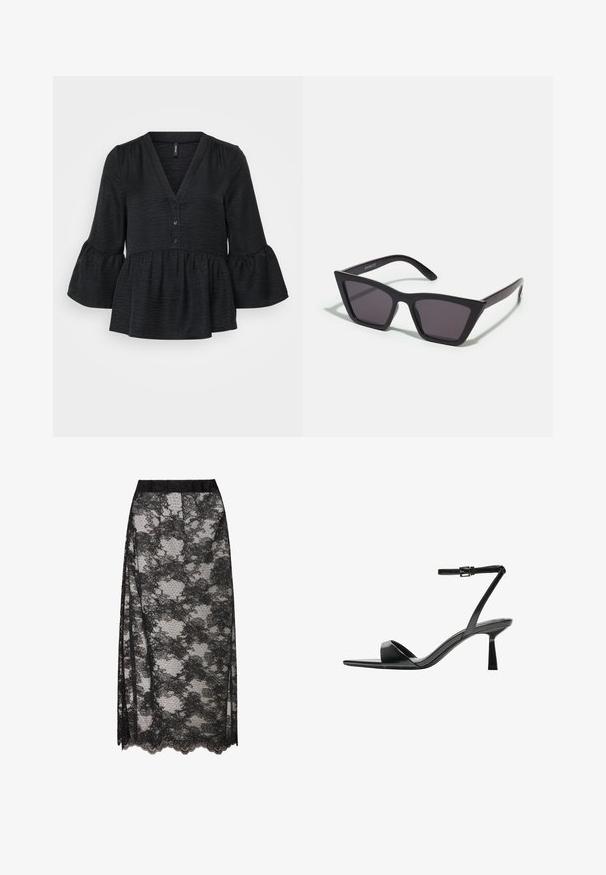Černý peplum top s výstřihem do V, knoflíkovou légou a rozšířenými rukávy. Vyrobeno z texturované látky s jemným povrchem.; Černý žebrovaný rolák, krátké rukávy, přiléhavý design, měkká textura, minimální švy a vysoký límec.; Černá krajková sukně s vlnitým lemem, se květinovým vzorem a průhlednou texturou. Elastický pas pro pohodlné nošení.; Bershka Sandály na vysokém podpatku - black; Černé, ostré sluneční brýle s šedými skly; vyrobené z plastu, s mohutnými rameny a hladkým povrchem bez viditelného hardwaru.