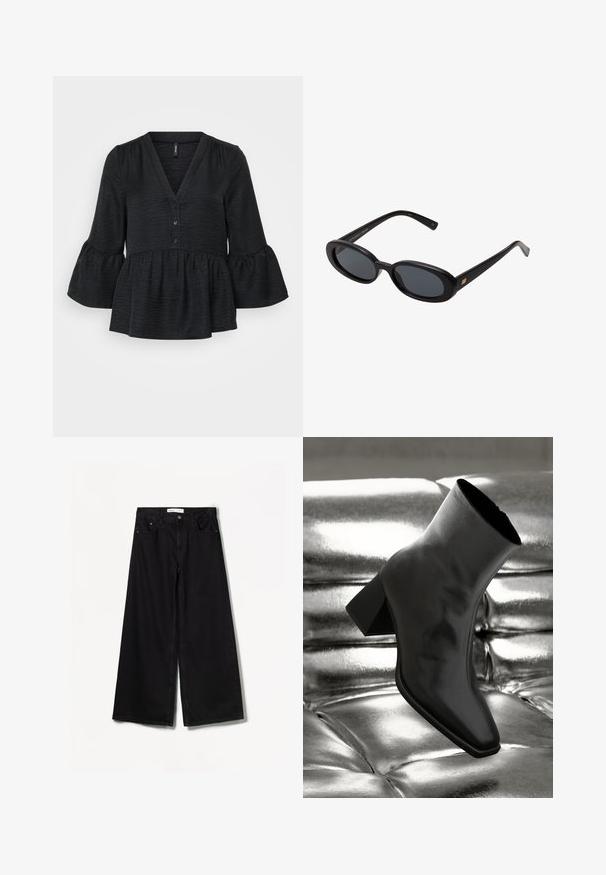 Sort peplum top med V-halsudskæring, knaplukning og flagrende ærmer. Fremstillet af tekstureret stof med en blød overflade.; Bershka WIDE-LEG - Wide leg - black; Sorte ankelstøvler lavet af glossy materiale med firkantet tå og spidse hæle, sat mod en skinnende sølv tuftet baggrund.; Store store