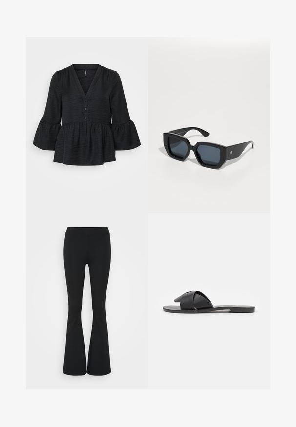 Schwarzes Peplum-Top mit V-Ausschnitt, Knopfblende und ausgestellten Ärmeln. Hergestellt aus strukturierter Stoff mit einer weichen Oberfläche.; Schwarze, ausgestellte Hosen aus dehnbarem Material mit hohem Bund und glatter Textur. Die Hose weitet sich ab dem Knie.; Schwarze Slip-On-Sandale mit gekreuzten Riemen. Aus glattem Leder mit flacher Sohle und minimaler Nahtverarbeitung. Einfaches, offenes Design.; Schwarze, übergroße Sonnenbrillen mit geometrischem Design, rechteckigen Gläsern und glänzender Oberfläche. Keine sichtbaren Markenkennzeichnungen auf der Vorderseite.; Goldene Creolen mit einem glatten, abgerundeten Design. Sie verfügen über einen kleinen Scharnierverschluss, sehen leicht aus und haben ein poliertes Finish.